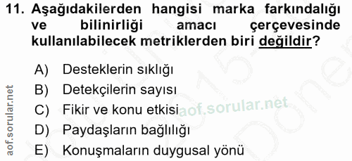11. soru: Aşağıdakilerden hangisi marka farkındalığı ve bilinirliği amacı çerçevesinde kullanılabilecek metriklerden biri değil…