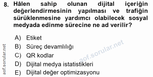 8. soru: Hâlen sahip olunan dijital içeriğin değerlendirmesinin yapılması ve trafiğin sürüklenmesine yardımcı olabilecek sosya…