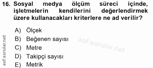 16. soru: Sosyal medya ölçüm süreci içinde, işletmelerin kendilerini değerlendirmek üzere kullanacakları kriterlere ne ad veril…