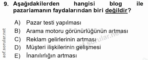 9. soru: Aşağıdakilerden hangisi blog ile pazarlamanın faydalarından biri değildir? A) Pazar testi yapılması B) Arama motoru g…