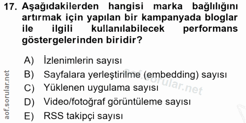 17. soru: Aşağıdakilerden hangisi marka bağlılığını artırmak için yapılan bir kampanyada bloglar ile ilgili kullanılabilecek pe…