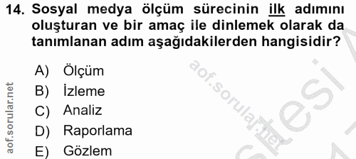 14. soru: Sosyal medya ölçüm sürecinin ilk adımını oluşturan ve bir amaç ile dinlemek olarak da tanımlanan adım aşağıdakilerden…