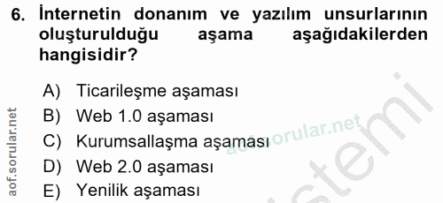6. soru: İnternetin donanım ve yazılım unsurlarının oluşturulduğu aşama aşağıdakilerden hangisidir? A) Ticarileşme aşaması c)…