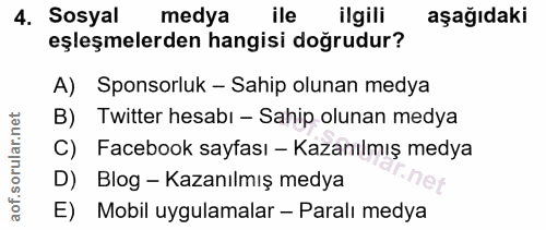 4. soru: Sosyal medya ile ilgili aşağıdaki eşleşmelerden hangisi doğrudur? A) Sponsorluk - Sahip olunan medya B) Twitter hesab…