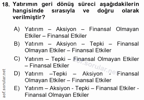 18. soru: Yatırımın geri dönüş süreci aşağıdakilerin hangisinde sırasıyla ve doğru olarak verilmiştir? A) Yatırım - Aksiyon - F…