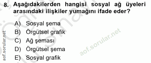 8. soru: Aşağıdakilerden hangisi sosyal ağ üyeleri arasındaki ilişkiler yumağını ifade eder? A) Sosyal şema B) Örgütsel grafik…