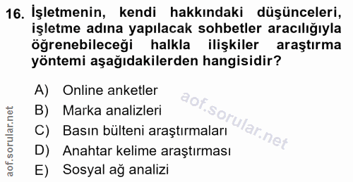 16. soru: İşletmenin, kendi hakkındaki düşünceleri, işletme adına yapılacak sohbetler aracılığıyla öğrenebileceği halkla ilişki…