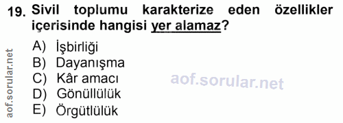 19. soru: Sivil toplumu karakterize eden özellikler içerisinde hangisi yer alamaz? A) İşbirliği rular.net B) Dayanışma C) Kâr a…