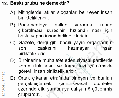 12. soru: Baskı grubu ne demektir? A) Mitinglerde, atılan sloganları belirleyen insan birliktelikleridir. B) Parlamentoya halkı…