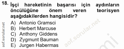 18. soru: İşçi hareketinin başarısı için aydınların öncülüğüne önem veren teorisyen aşağıdakilerden hangisidir? A) Antonio Gram…