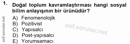 1. soru: Doğal toplum kavramlaştırması hangi sosyal bilim anlayışının bir ürünüdür? A) Fenomenolojik B) Pozitivist C) Yapısalc…