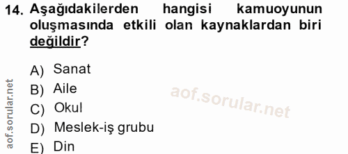 14. soru: Aşağıdakilerden hangisi kamuoyunun oluşmasında etkili olan kaynaklardan biri değildir? A) Sanat B) Aile C) Okul D) Me…