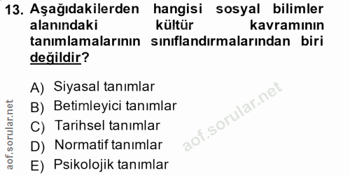 13. soru: Aşağıdakilerden hangisi sosyal bilimler alanındaki kültür kavramının tanımlamalarının sınıflandırmalarından biri deği…