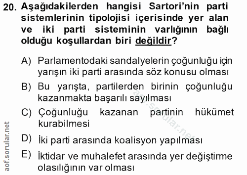 20. soru: Aşağıdakilerden hangisi Sartori'nin parti sistemlerinin tipolojisi içerisinde yer alan ve iki parti sisteminin varlığ…