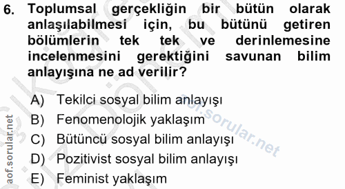 6. soru: Toplumsal gerçekliğin bir bütün olarak anlaşılabilmesi için, bu bütünü getiren bölümlerin tek tek ve derinlemesine in…