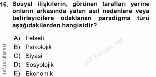 16. soru: Sosyal ilişkilerin, görünen tarafları yerine onların arkasında yatan asıl nedenlere veya belirleyicilere odaklanan pa…
