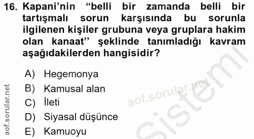 16. soru: Kapani'nin "belli bir zamanda belli bir tartışmalı sorun karşısında bu sorunla ilgilenen kişiler grubuna veya gruplar…