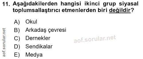 11. soru: Aşağıdakilerden hangisi ikinci grup siyasal toplumsallaştırıcı etmenlerden biri değildir? A) Okul B) Arkadaş çevresi…