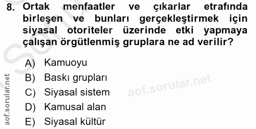 8. soru: Ortak menfaatler ve çıkarlar etrafında birleşen ve bunları gerçekleştirmek için siyasal otoriteler üzerinde etki yapm…