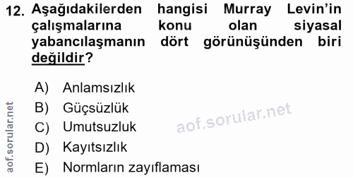 12. soru: Aşağıdakilerden hangisi Murray Levin'in çalışmalarına konu olan siyasal yabancılaşmanın dört görünüşünden biri değild…