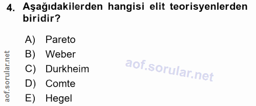 4. soru: Aşağıdakilerden hangisi elit teorisyenlerden biridir? A) Pareto B) Weber C) Durkheim D) Comte aof. E) Hegel