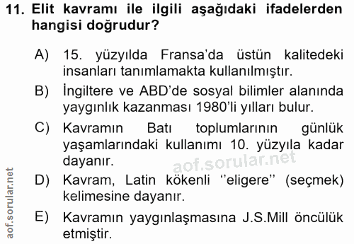 11. soru: Elit kavramı ile ilgili aşağıdaki ifadelerden hangisi doğrudur? A) 15. yüzyılda Fransa'da üstün kalitedeki insanları…