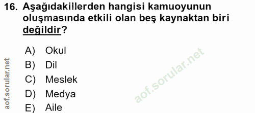 16. soru: Aşağıdakilerden hangisi kamuoyunun oluşmasında etkili olan beş kaynaktan biri değildir? A) Okul B) Dil C) Meslek D) M…