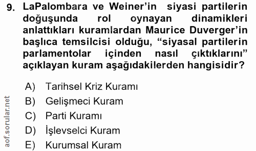 9. soru: LaPalombara ve Weiner'in siyasi partilerin doğuşunda rol oynayan dinamikleri anlattıkları kuramlardan Maurice Duverge…