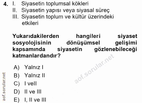 4. soru: I. Siyasetin toplumsal kökleri II. Siyasetin yapısı veya siyasal süreç III. Siyasetin toplum ve kültür üzerindeki etk…