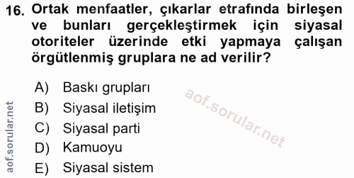 16. soru: Ortak menfaatler, çıkarlar etrafında birleşen ve bunları gerçekleştirmek için siyasal otoriteler üzerinde etki yapmay…