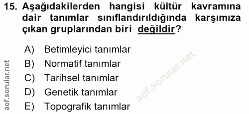 15. soru: Aşağıdakilerden hangisi kültür kavramına dair tanımlar sınıflandırıldığında karşımıza çıkan gruplarından biri değildi…