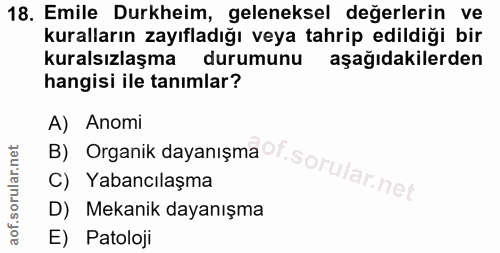 18. soru: Emile Durkheim, geleneksel değerlerin ve kuralların zayıfladığı veya tahrip edildiği bir kuralsızlaşma durumunu aşağı…