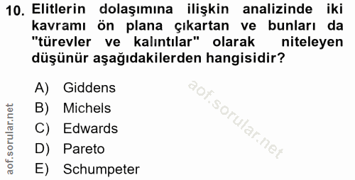 10. soru: Elitlerin dolaşımına ilişkin analizinde iki kavramı ön plana çıkartan ve bunları da "türevler ve kalıntılar" olarak n…