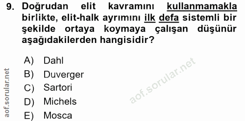 9. soru: Doğrudan elit kavramını kullanmamakla birlikte, elit-halk ayrımını ilk defa sistemli bir şekilde ortaya koymaya çalış…