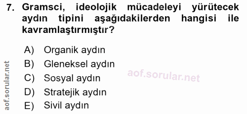 7. soru: Gramsci, ideolojik mücadeleyi yürütecek aydın tipini aşağıdakilerden hangisi ile kavramlaştırmıştır? A) Organik aydın…