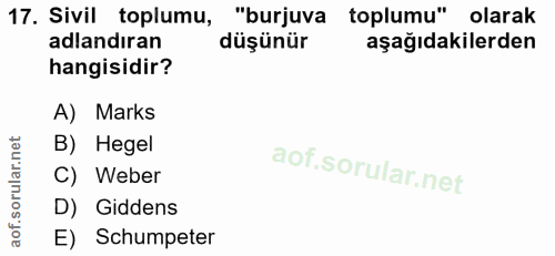 17. soru: Sivil toplumu, "burjuva toplumu" olarak adlandıran düşünür aşağıdakilerden hangisidir? A) Marks B) Hegel C) Weber D)…