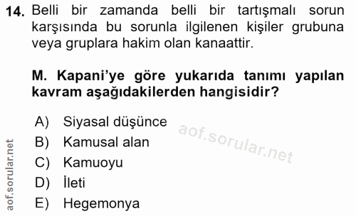 14. soru: Belli bir zamanda belli bir tartışmalı sorun karşısında bu sorunla ilgilenen kişiler grubuna veya gruplara hakim olan…