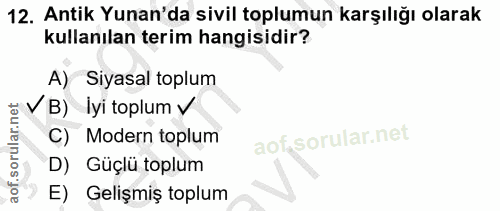12. soru: Antik Yunan'da sivil toplumun karşılığı olarak kullanılan terim hangisidir? A) Siyasal toplum V B) İyi toplum y C) Mo…