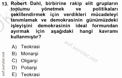 13. soru: Robert Dahl, birbirine rakip elit grupların toplumu yönetmek ve politikaları şekillendirmek için verdikleri mücadeley…