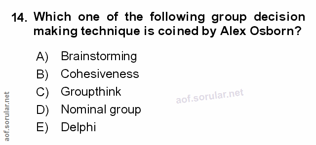 14. soru: Which one of the following group decision making technique is coined by Alex Osborn? A) Brainstorming B) Cohesiveness…