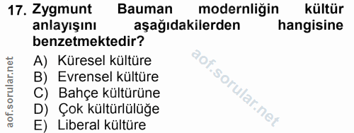 17. soru: Zygmunt Bauman modernliğin kültür anlayışını aşağıdakilerden hangisine benzetmektedir? A) Küresel kültüre B) Evrensel…