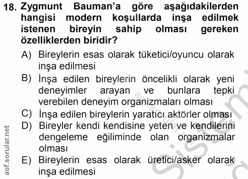 18. soru: Zygmunt Bauman'a göre aşağıdakilerden hangisi modern koşullarda inşa edilmek istenen bireyin sahip olması gereken öze…