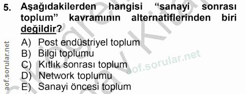 5. soru: Aşağıdakilerden hangisi "sanayi sonrasi toplum" kavramının alternatiflerinden biri değildir? A) Post endüstriyel topl…