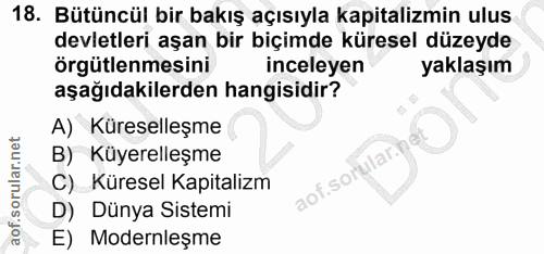18. soru: Bütüncül bir bakış açısıyla kapitalizmin ulus devletleri aşan bir biçimde küresel düzeyde örgütlenmesini inceleyen ya…