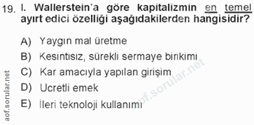 19. soru: I. Wallerstein'a göre kapitalizmin en temel ayırt edici özelliği aşağıdakilerden hangisidir? A) Yaygın mal üretme B)…
