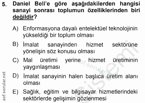 5. soru: Daniel Bell'e göre aşağıdakilerden hangisi sanayi sonrası toplumun özelliklerinden biri değildir? A) Enformasyona day…