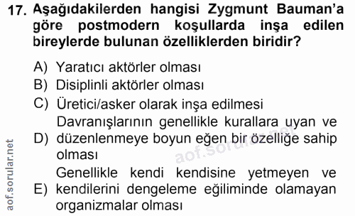 17. soru: Aşağıdakilerden hangisi Zygmunt Bauman'a göre postmodern koşullarda inşa edilen bireylerde bulunan özelliklerden biri…