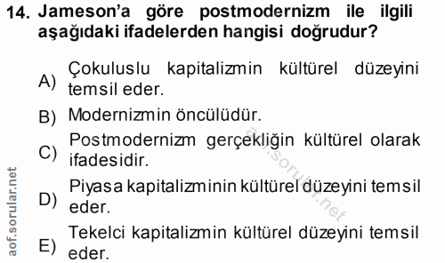 14. soru: Jameson'a göre postmodernizm ile ilgili aşağıdaki ifadelerden hangisi doğrudur? Çokuluslu kapitalizmin kültürel düzey…