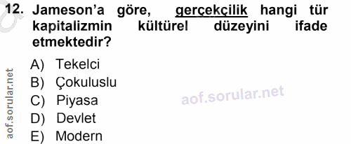 12. soru: Jameson'a göre, gerçekçilik hangi tür kapitalizmin kültürel düzeyini ifade etmektedir? A) Tekelci B) Çokuluslu C) Piy…