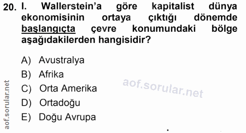 20. soru: I. Wallerstein'a göre kapitalist dünya ekonomisinin ortaya Çıktığı dönemde başlangıçta çevre konumundaki bölge aşağıd…